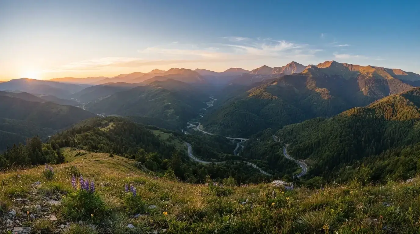 Priveliște largă asupra unui peisaj montan din Carpați la apus, văzută de pe un deal, cu lumină aurie.