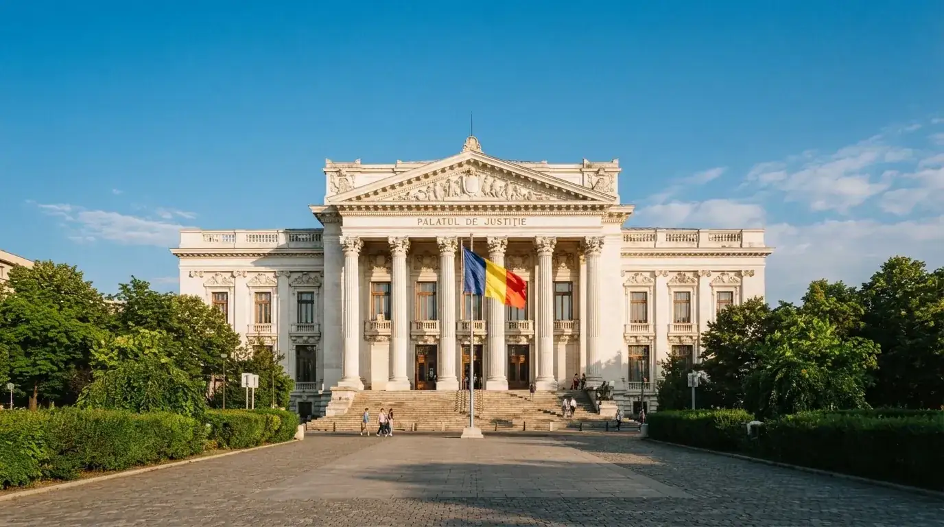 Instituție publică cu coloane albe, văzută de la distanță, cu un drapel tricolor fluturând sub un cer senin.